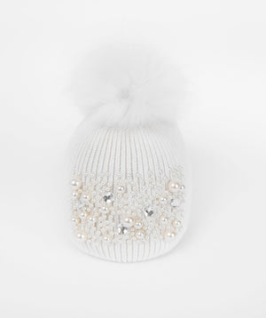 Pearl Studded Beanie Hat - White