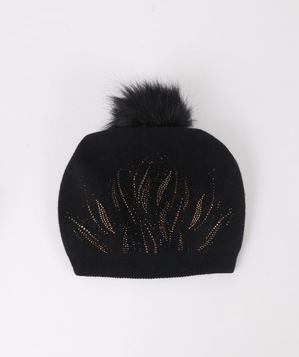 Jewelled Pom Pom Beanie - Black