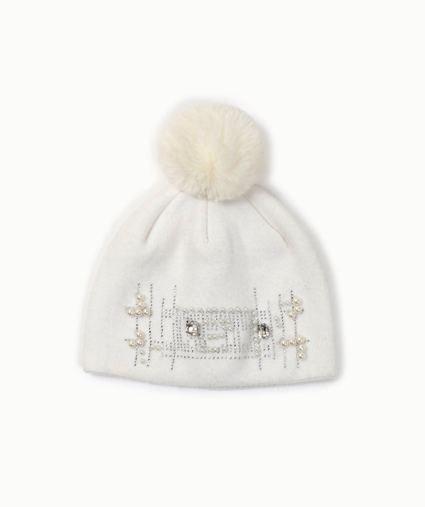 Mini Pearl Embellished Beanie - White