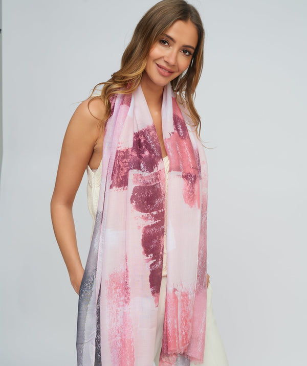 Fuchsia Abstract Print Scarf with Frayed Hem Finish