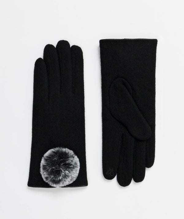 Ladies Gloves with Large Pom Pom - Black