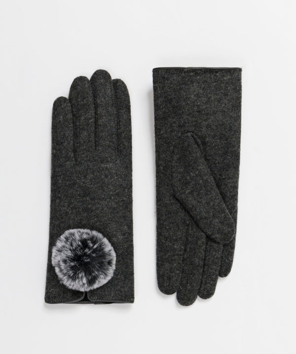 Ladies Gloves with Large Pom Pom - Charcoal