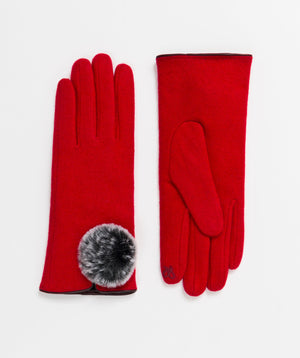 Ladies Gloves with Large Pom Pom - Red