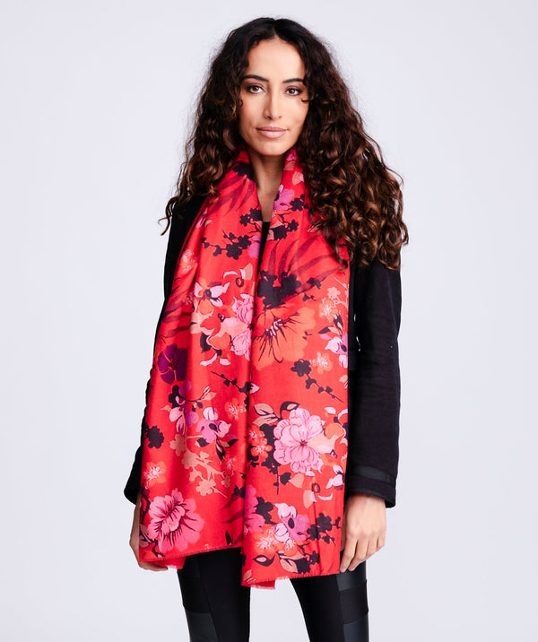 Cashmere Feel Floral Scarf - Red