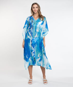 Blue Ocean Print Maxi Cover Up with Dazzling Embellishment