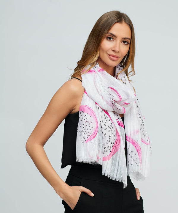 White Sheer Dragon Fruit Watercolour Print Scarf