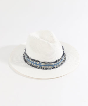 White and Blue Striped Trilby Hat with Ribbon Embellishment