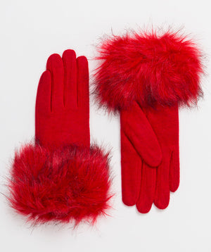 Red Faux Fur Cuff Gloves - Red