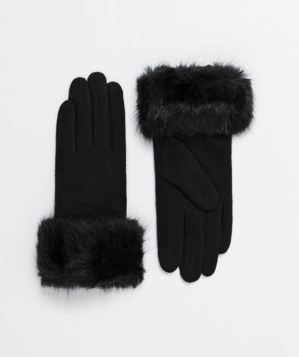 Black Fur Cuff Gloves - Black