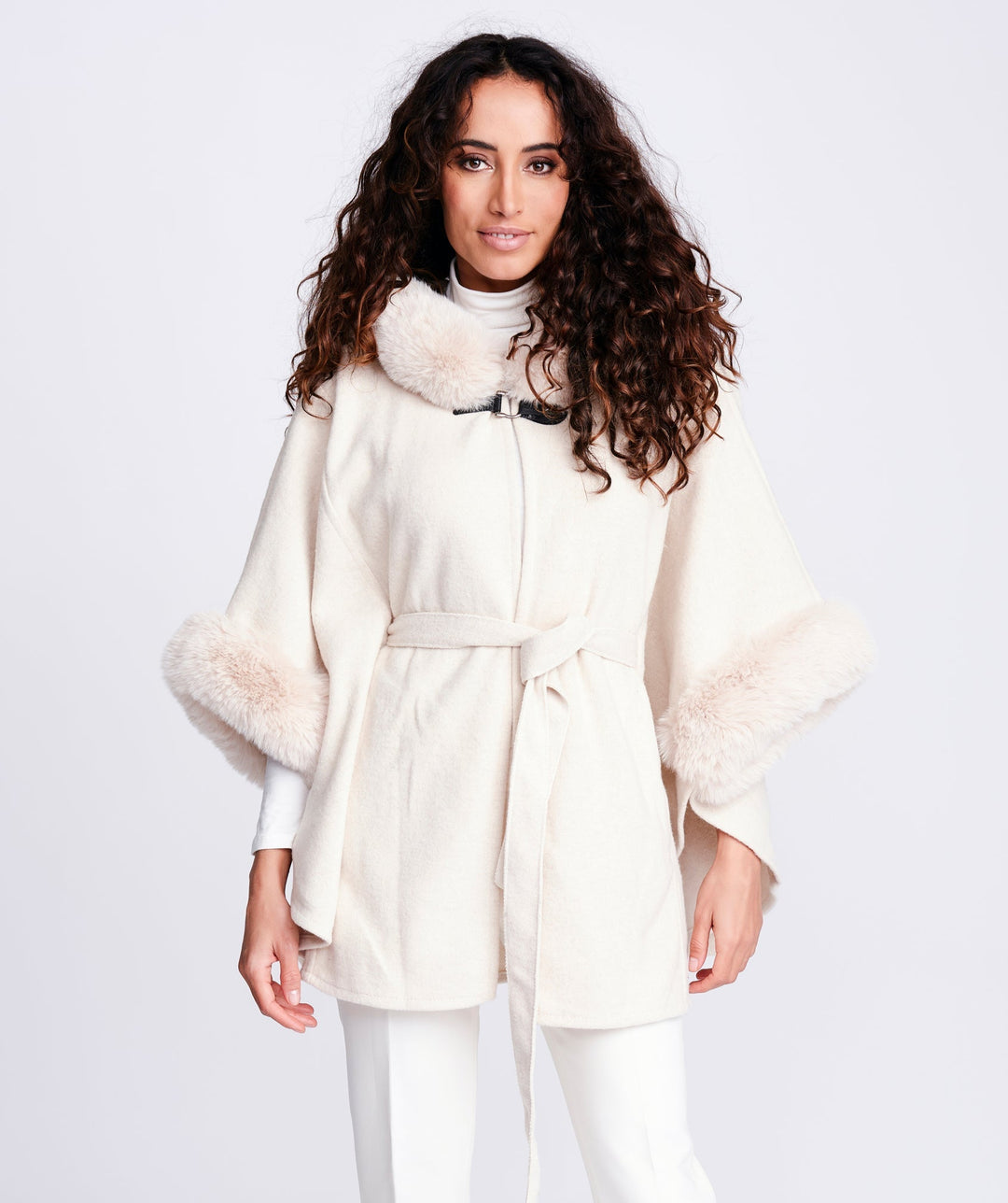 Cream Faux Fur Trimmed Wrap with Belt