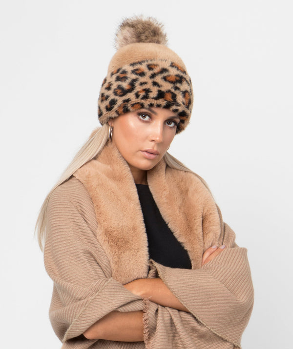 Beige Brown Leopard Print Pom Hat