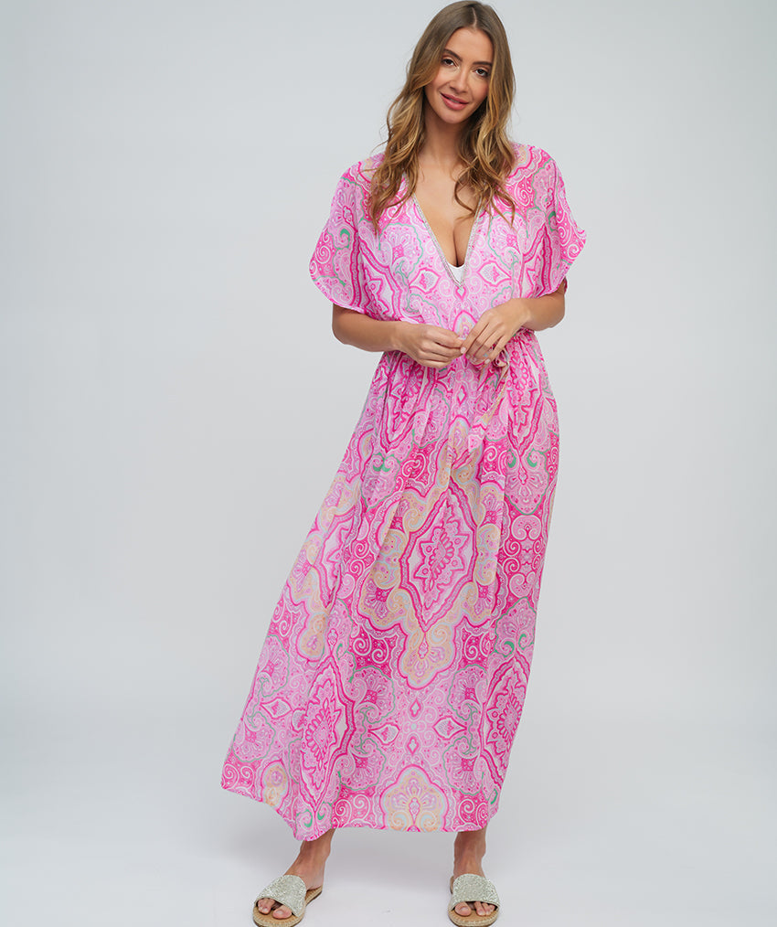 Pink Paisley Printed Chiffon Maxi Dress with Deep-V Neckline