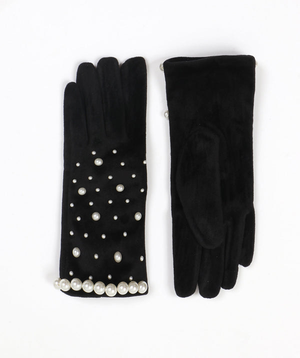 Pearl Embellished Velvet Glove - Black