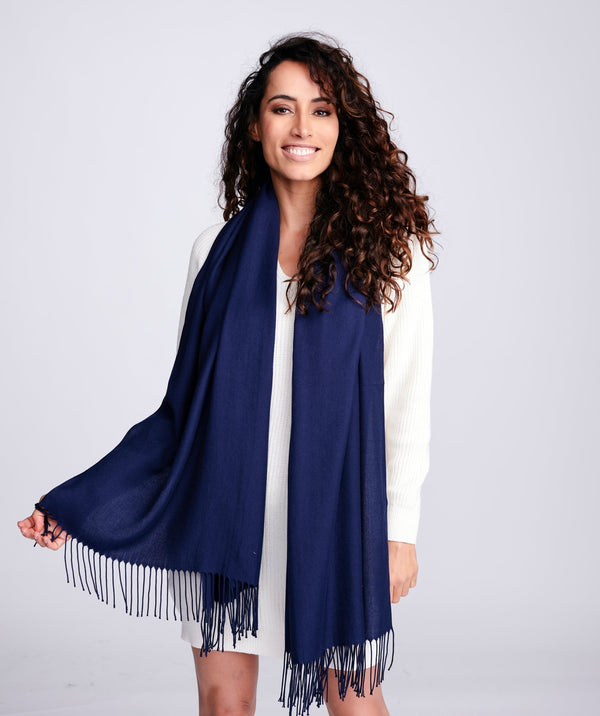 Dark Navy Oversize Pashmina Scarf with Fringe Detail