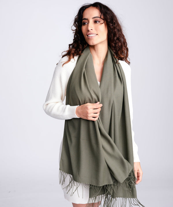 Khaki Oversize Pashmina Scarf with Fringe Detail