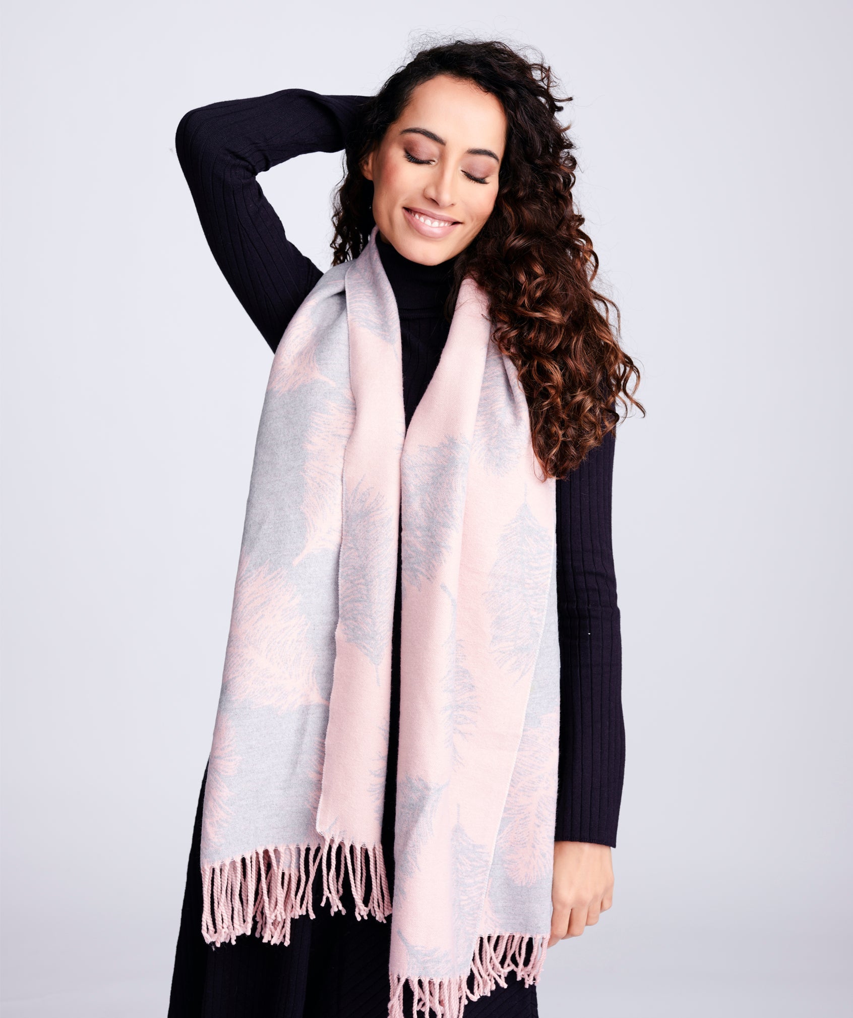 Leaf Print Winter Scarf - Grey/Pink