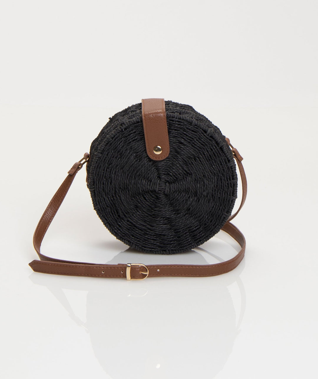 Black Circular Woven Straw Bag with Gold Hardware and Adjustable Strap