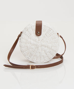White Circular Straw Bag with Gold Hardware and Adjustable Strap