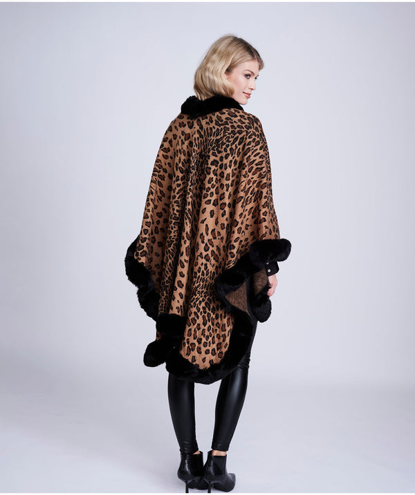 Leopard Print Faux Fur-Trimmed Wrap with Sleeveless Design