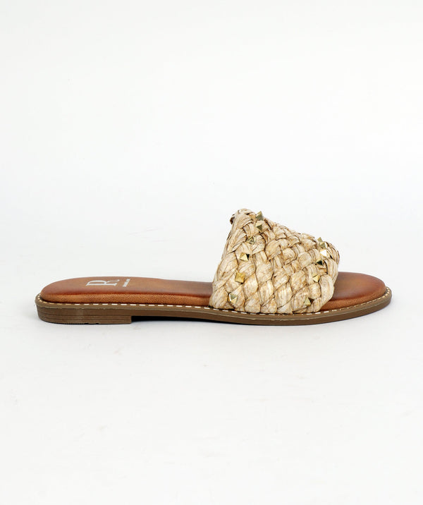 Women`s Flat Raffia Mules - Natural