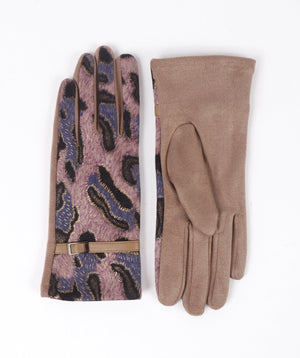 Printed Faux Suede Gloves - Beige