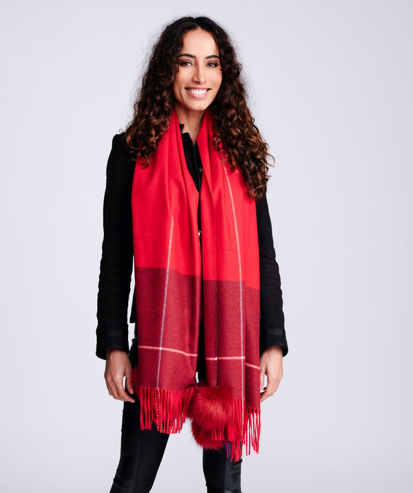 Pom Pom Embellished Checked Scarf - Red