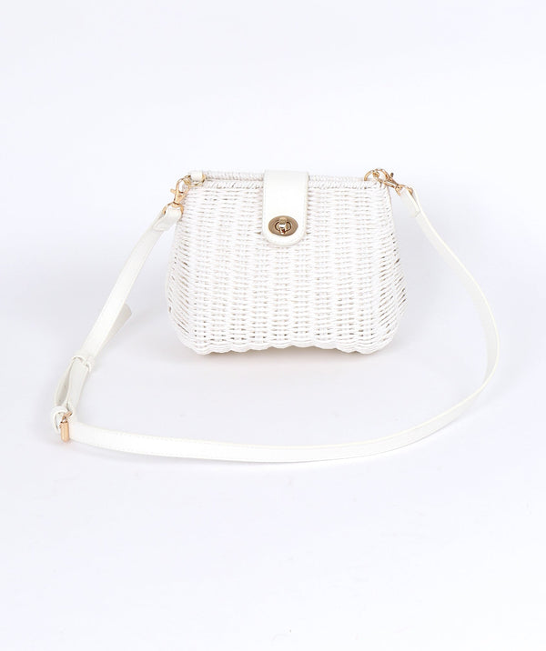 White Petite Straw Handbag with Gold Hardware and Long PU Strap