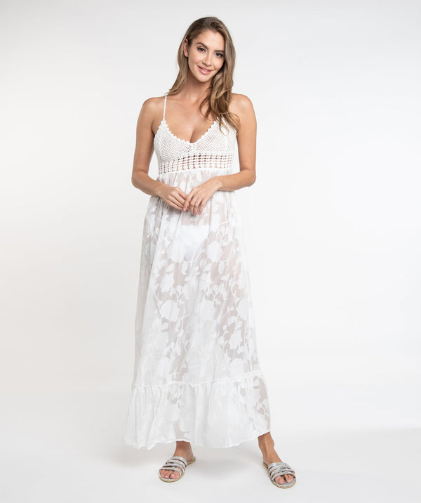 White Ombre Maxi Dress with Floral Lace and Crochet Detail