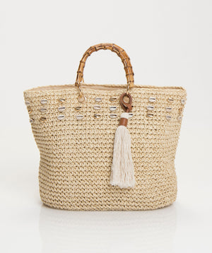 Natural Straw Tote Bag with Sea Shell Embellishments