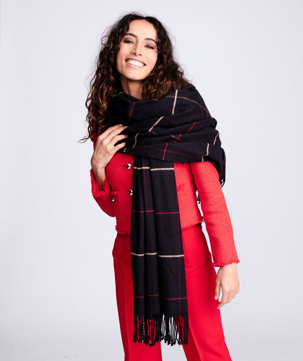 Women`s Cashmere Feel Checked Scarf - Black