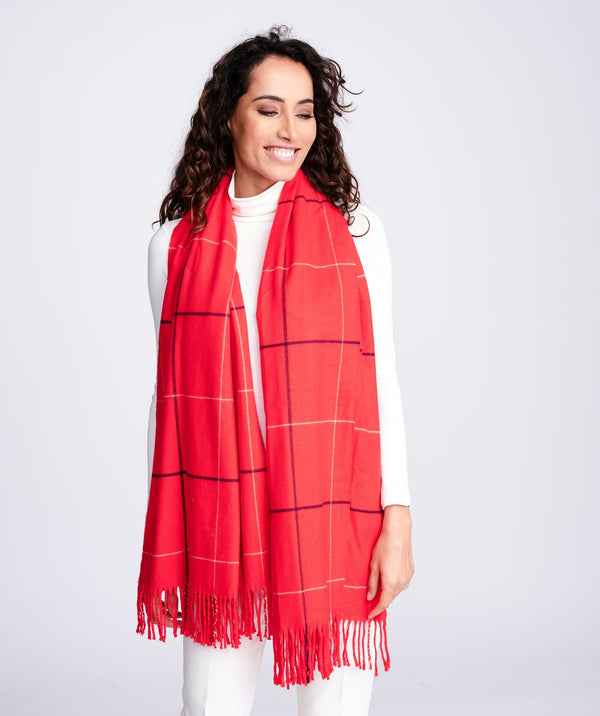 Women`s Cashmere Feel Checked Scarf - Red