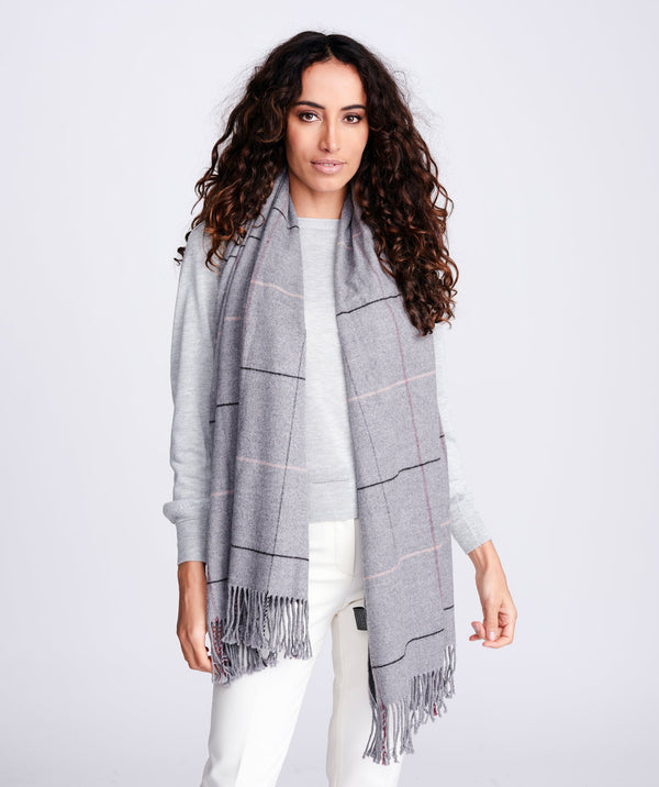 Women`s Cashmere Feel Checked Scarf - Grey