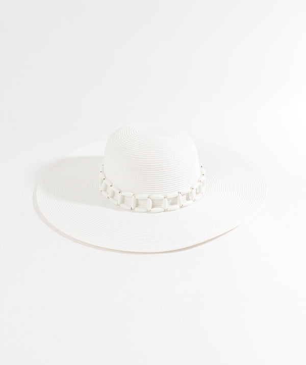 White Wide Brim Hat with Tonal Bead Embellishment