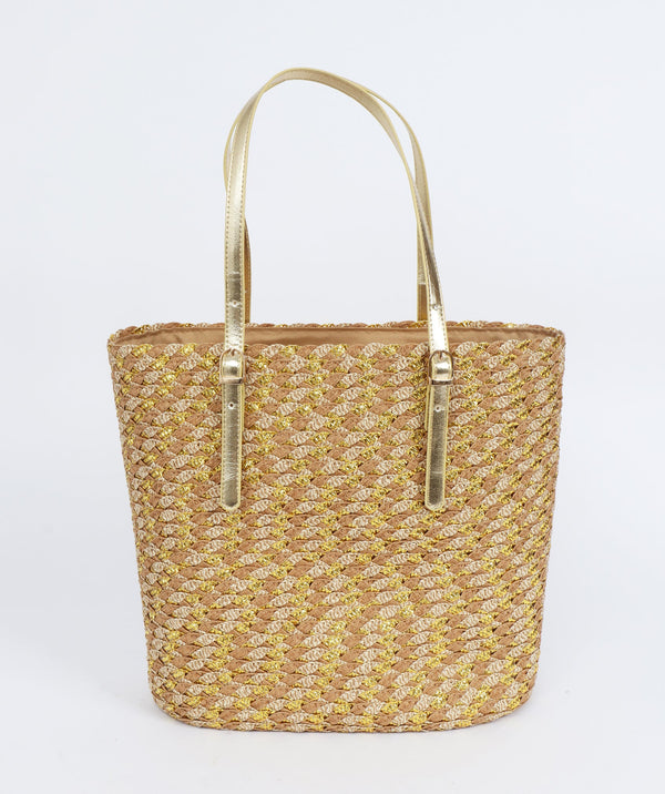 Natural and Gold Metallic Woven Straw Tote with Zip Closure