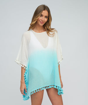 Blue Tie Dye Ombre Beach Coverup in Crinkled Cotton