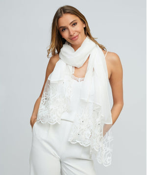 White Lace Scalloped Hems Embellished Oblong Scarf