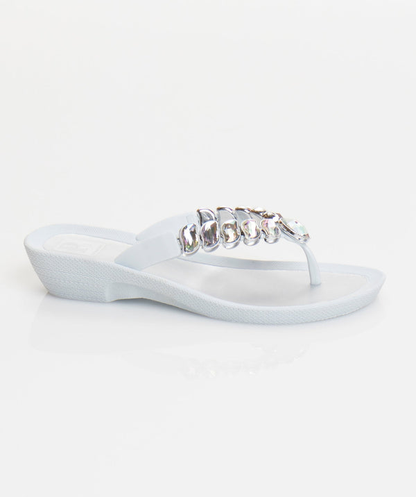 White Wedge Heel Pool Shoe with Crystal Embellishments