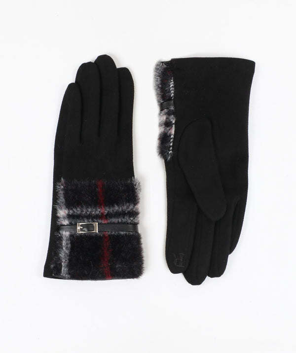 Faux Suede Gloves with Faux Fur Cuff - Black